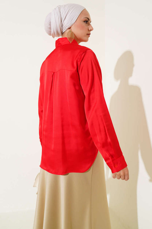Red Satin Shirt with Tie Collar
