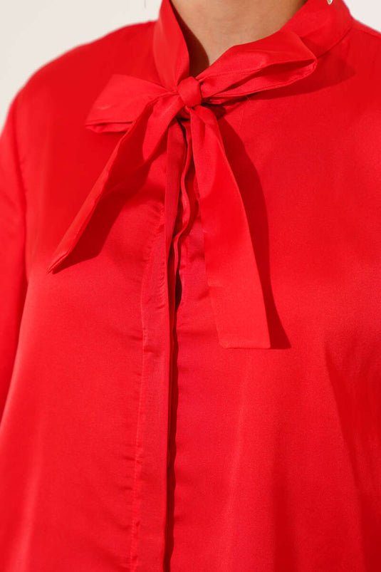 Red Satin Shirt with Tie Collar