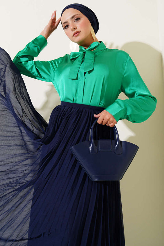 Green Satin Shirt with Tie Collar