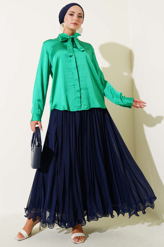 Green Satin Shirt with Tie Collar