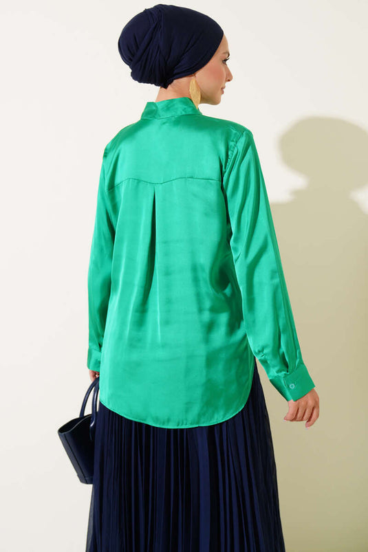 Green Satin Shirt with Tie Collar