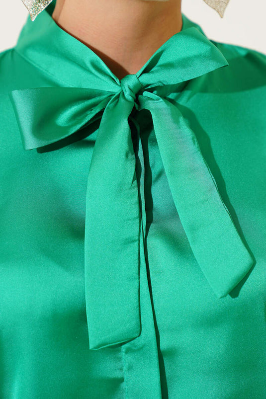 Green Satin Shirt with Tie Collar