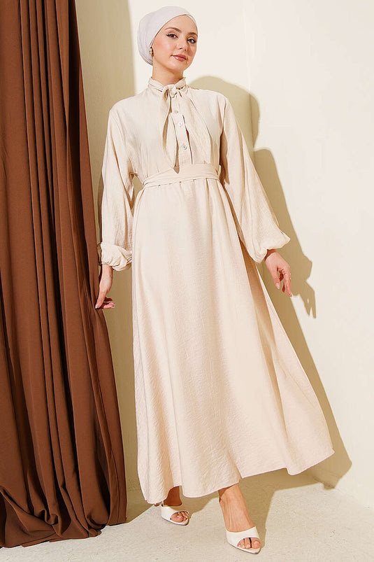 Beige Half-Button Dress with Tie Neck