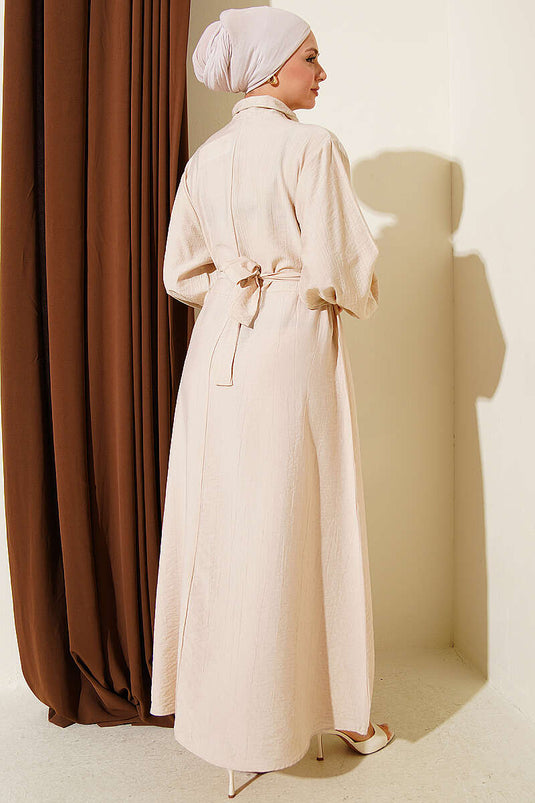 Beige Half-Button Dress with Tie Neck