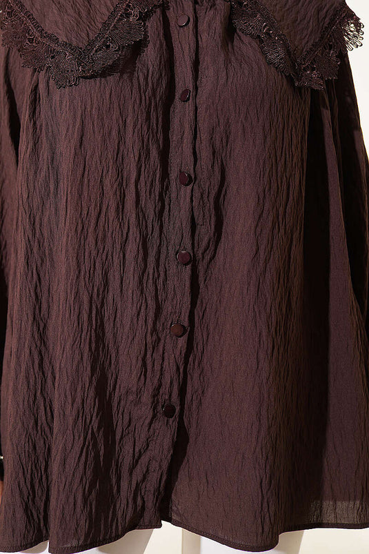Chemise col marin à dentelle guipure col montant, couleur café