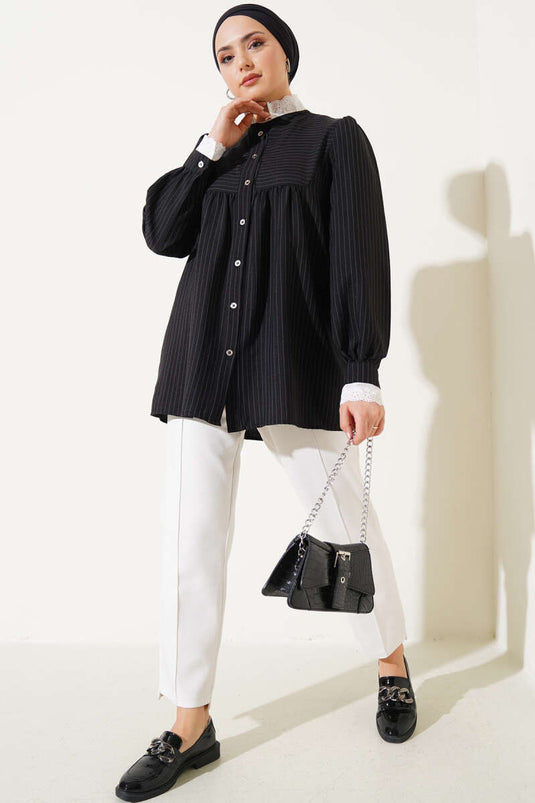 Yaka Brodeli Çizgili Gömlek Siyah