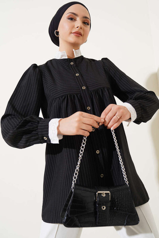 Yaka Brodeli Çizgili Gömlek Siyah