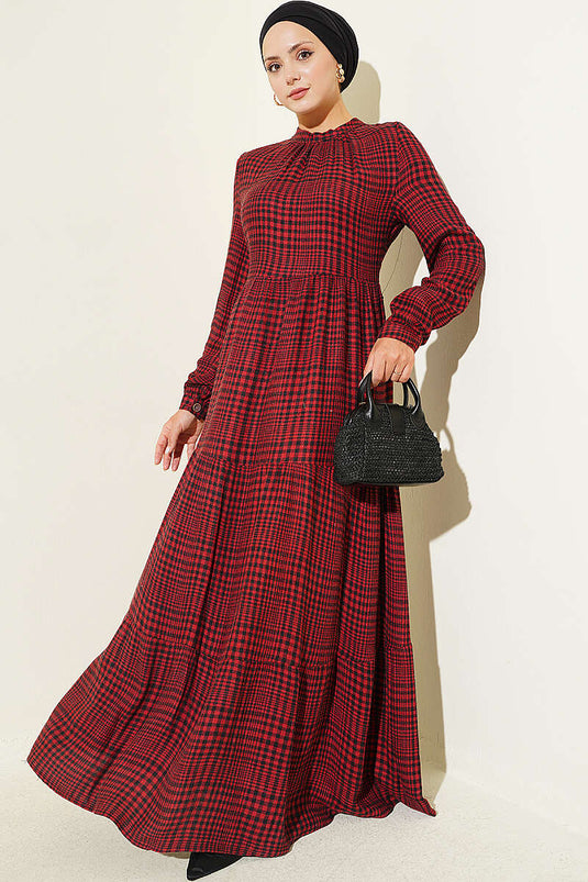 Burgundy Checkered Dress With Gathered Collar