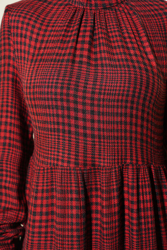 Burgundy Checkered Dress With Gathered Collar