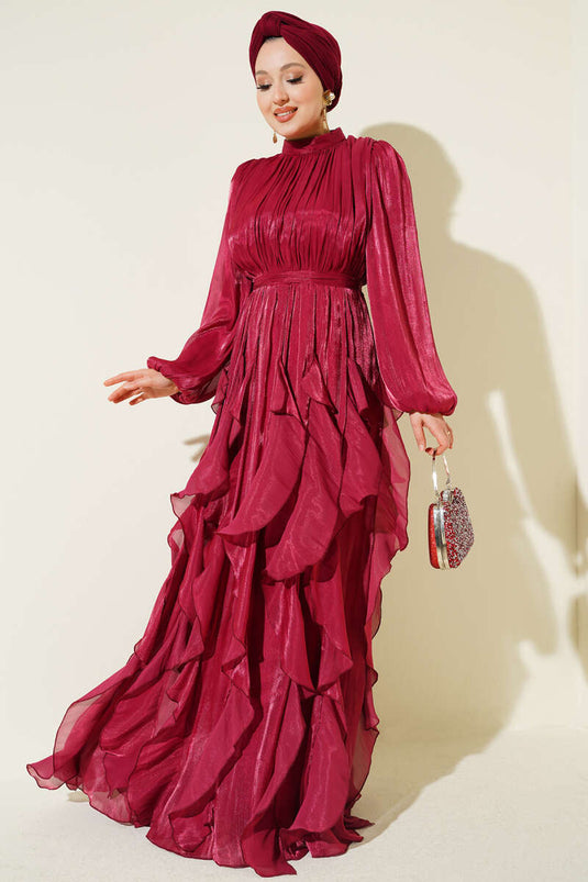 Robe de soirée bordeaux à volants avec fronces au col