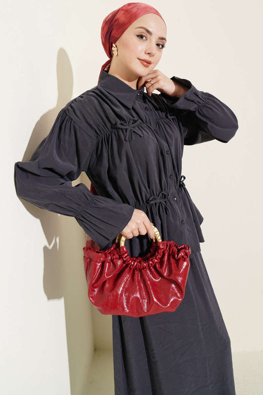 Two-Piece Set with Gathered Neckline, Bow, and Skirt in Smoke Gray
