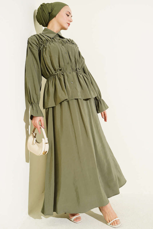 Two-Piece Set with Collar Ruching, Bow, and Skirt in Khaki