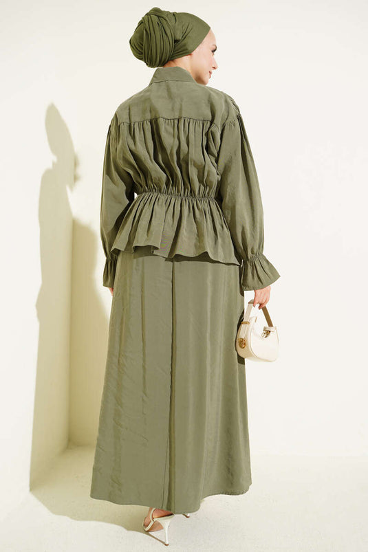 Two-Piece Set with Collar Ruching, Bow, and Skirt in Khaki