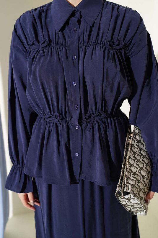 Two-Piece Set with Gathered Neck, Bow, and Skirt in Navy Blue