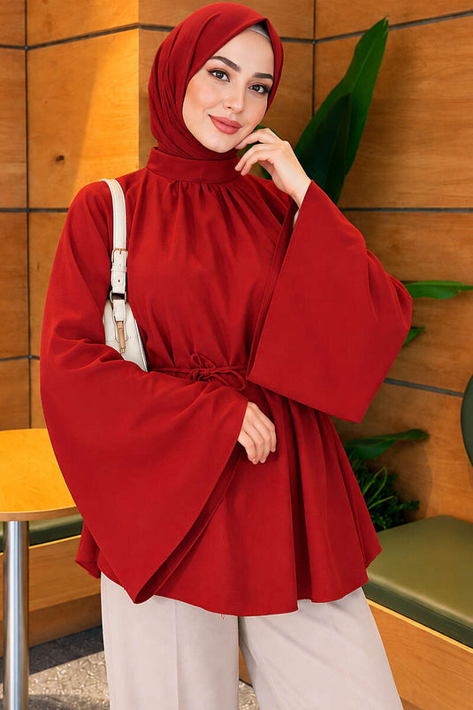 Yaka Büzgülü Geniş Kollu Tunik Bordo