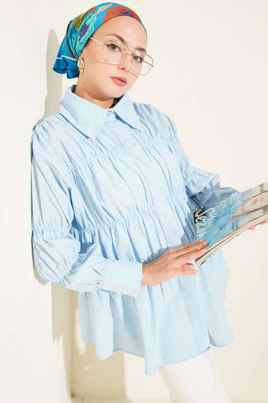 قميص أزرق فاتح للأطفال بزر مخفي مع رباط يكا