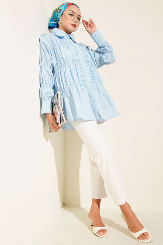 Shirt with Neck Drawstring and Hidden Buttons Baby Blue