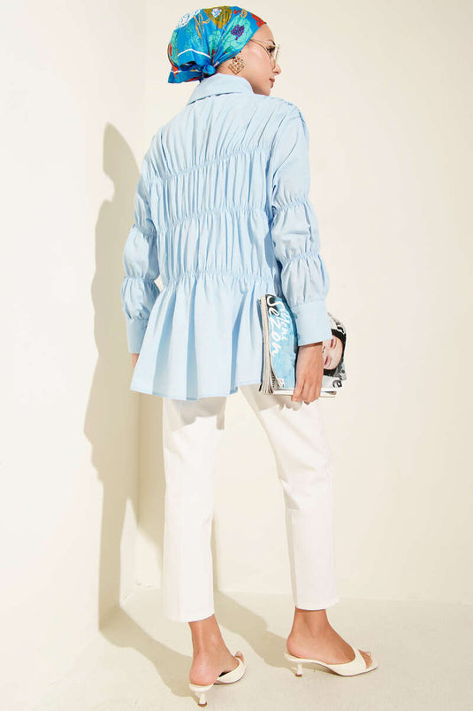 Shirt with Neck Drawstring and Hidden Buttons Baby Blue