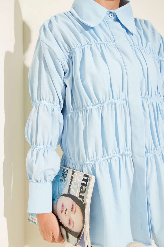 قميص أزرق فاتح للأطفال بزر مخفي مع رباط يكا