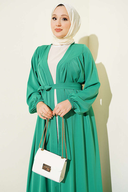 Yaka Büzgülü İkili Abaya Takım Yeşil