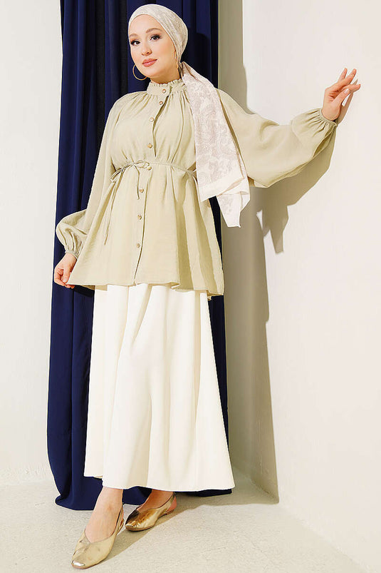 Collar Gathered Shirt With Tie Belt In Sage Green