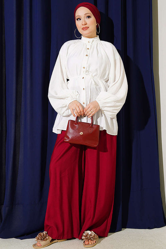 Ecru Shirt With Gathered Collar And Tie Belt