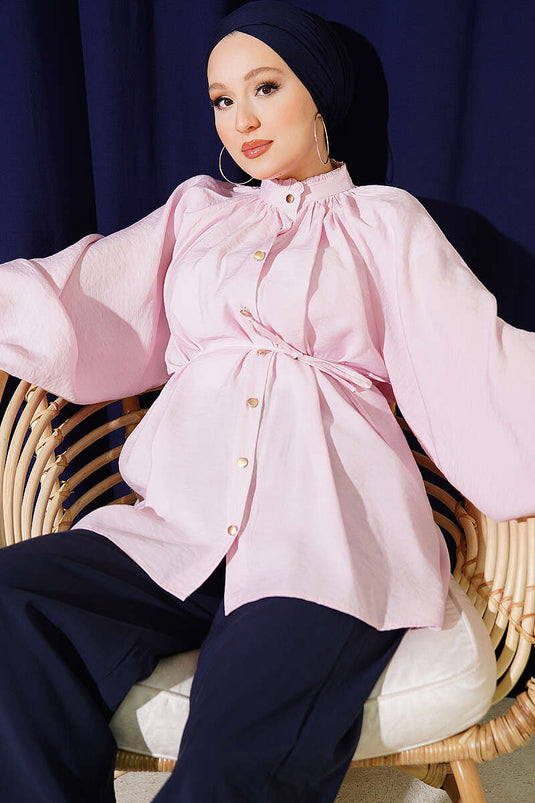Pink Shirt With Gathered Collar And Tie Waist