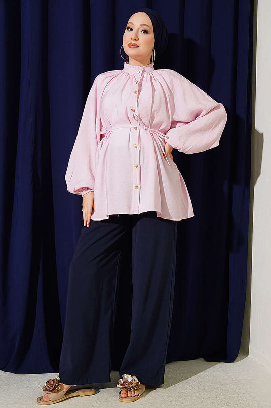 Pink Shirt With Gathered Collar And Tie Waist