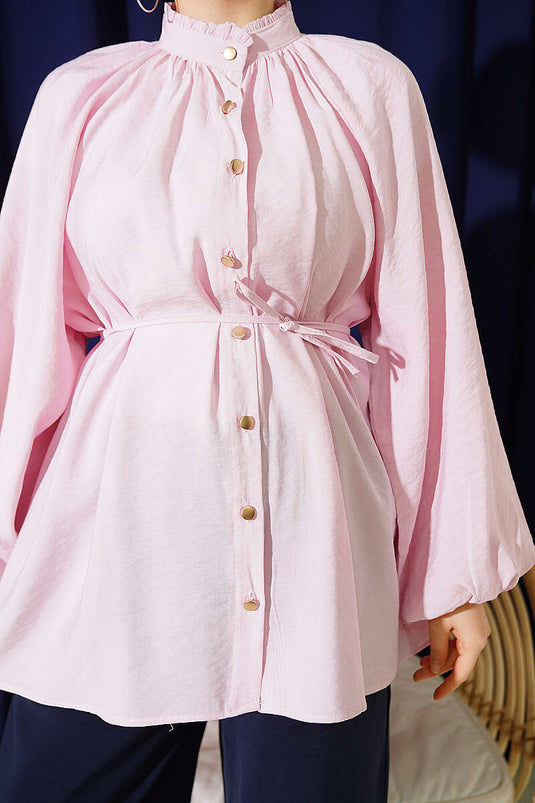 Pink Shirt With Gathered Collar And Tie Waist