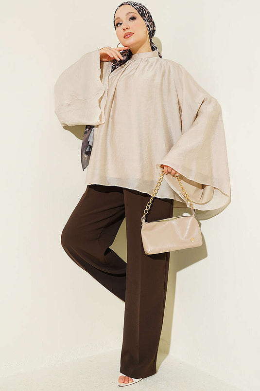 Yaka Büzgülü Oversize Tunik Bej