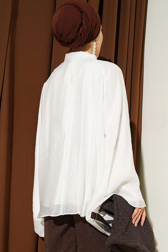 Yaka Büzgülü Oversize Tunik Beyaz