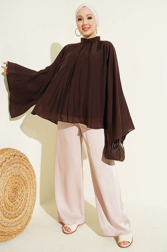 Yaka Büzgülü Oversize Tunik Kahve