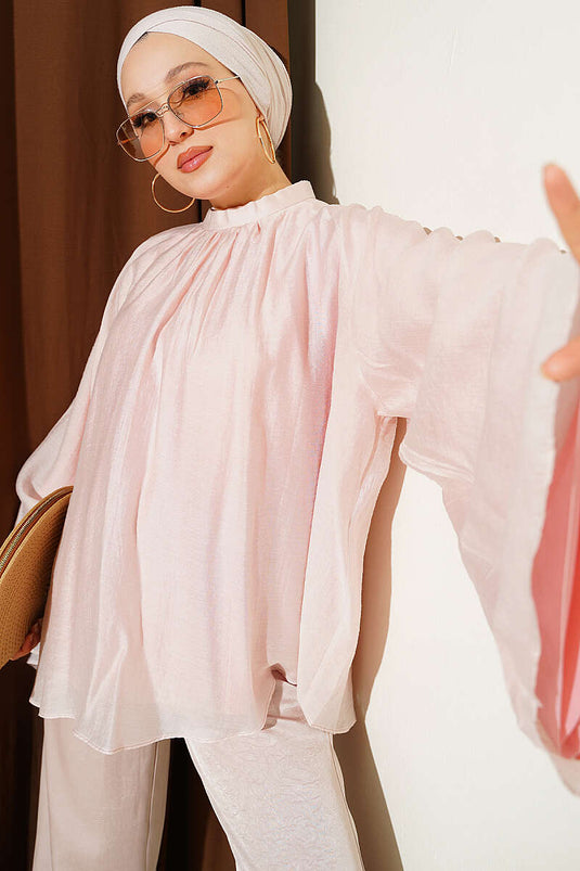 Yaka Büzgülü Oversize Tunik Pudra