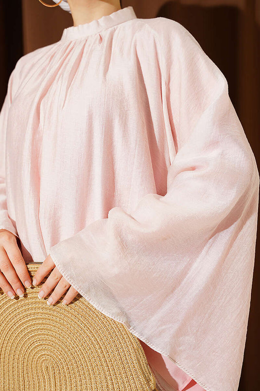 Yaka Büzgülü Oversize Tunik Pudra