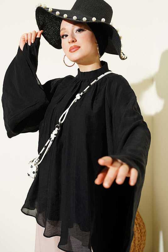 Yaka Büzgülü Oversize Tunik Siyah
