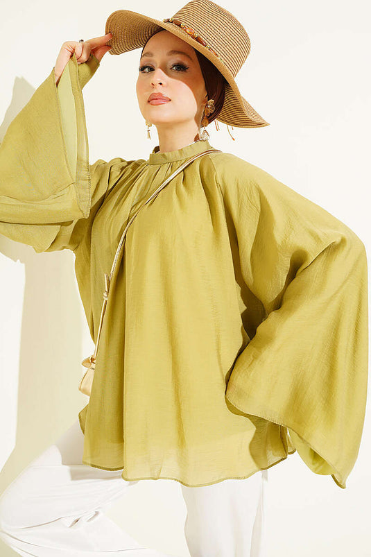 Yaka Büzgülü Oversize Tunik Yağ Yeşili