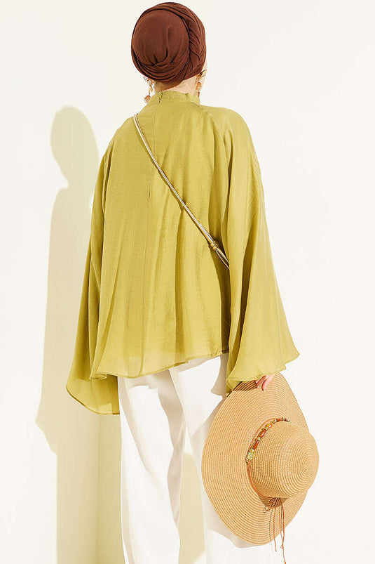 Yaka Büzgülü Oversize Tunik Yağ Yeşili