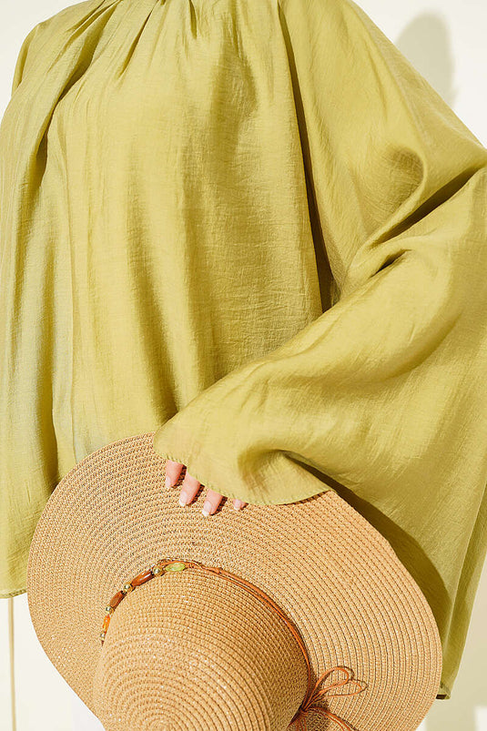 Yaka Büzgülü Oversize Tunik Yağ Yeşili