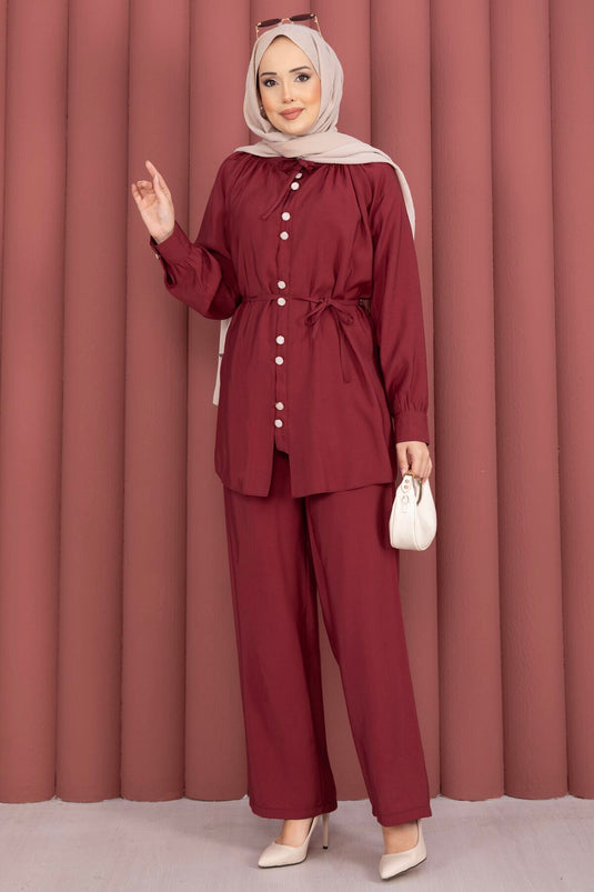 Ensemble deux pièces tunique à col montant froncé avec pantalon, bordeaux