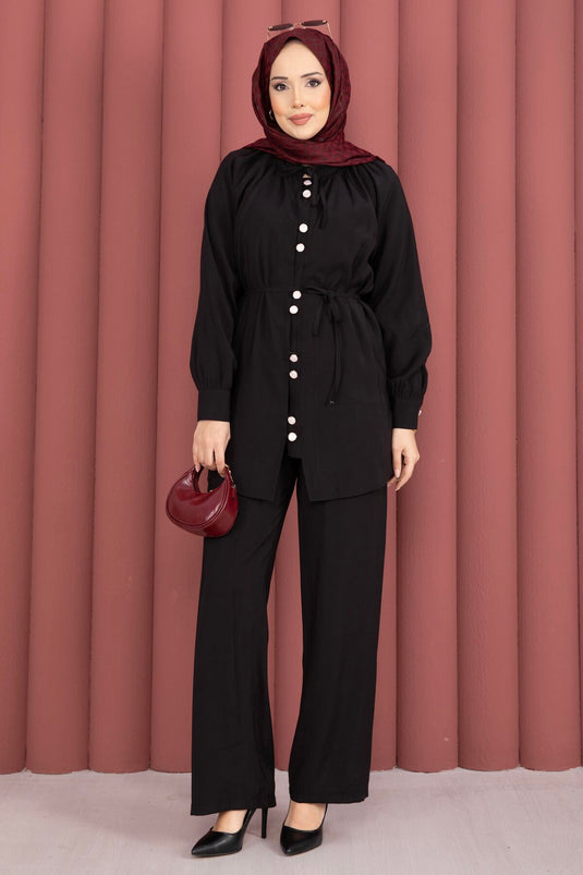 Ensemble deux pièces tunique à col Yaka froncée avec pantalon noir