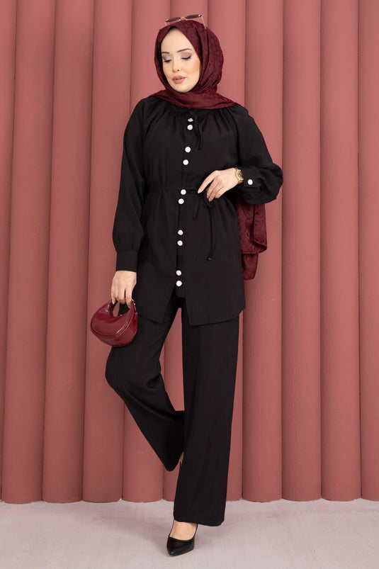 Ensemble deux pièces tunique à col Yaka froncée avec pantalon noir