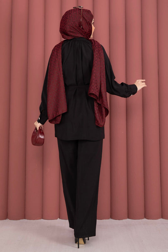 Ensemble deux pièces tunique à col Yaka froncée avec pantalon noir