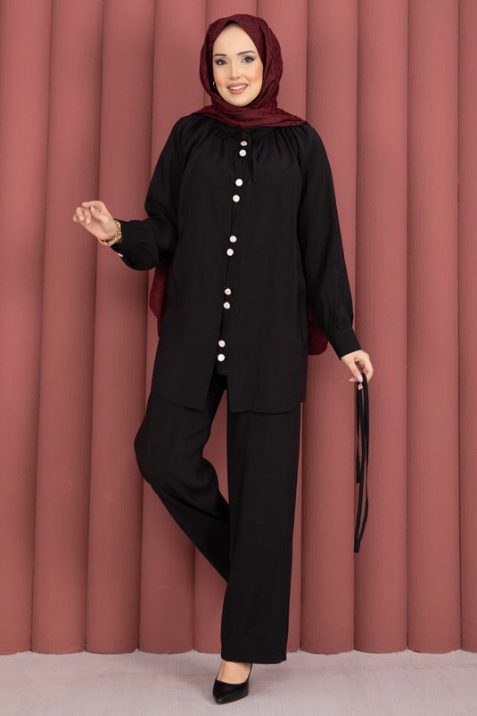 Ensemble deux pièces tunique à col Yaka froncée avec pantalon noir