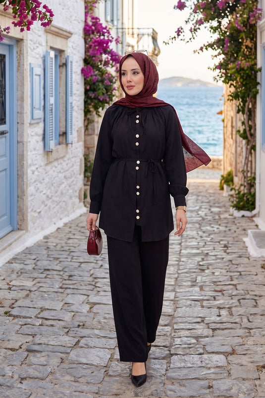 Ensemble deux pièces tunique à col Yaka froncée avec pantalon noir