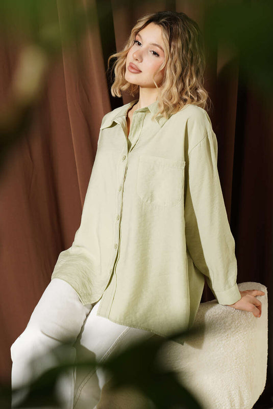 Oversized Shirt with Collar and Pockets in Pistachio Green