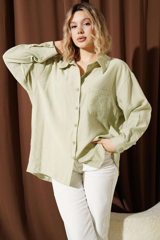 Oversized Shirt with Collar and Pockets in Pistachio Green
