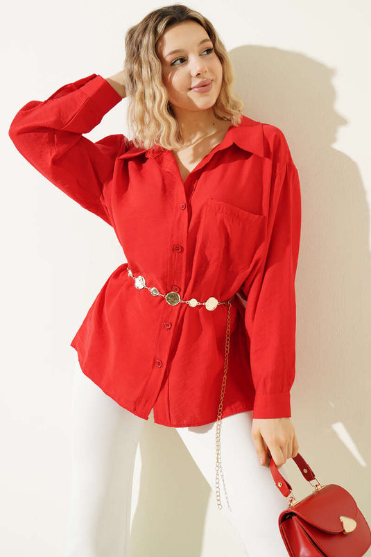 Oversized Shirt with Collar and Pockets Red