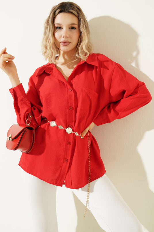 Oversized Shirt with Collar and Pockets Red