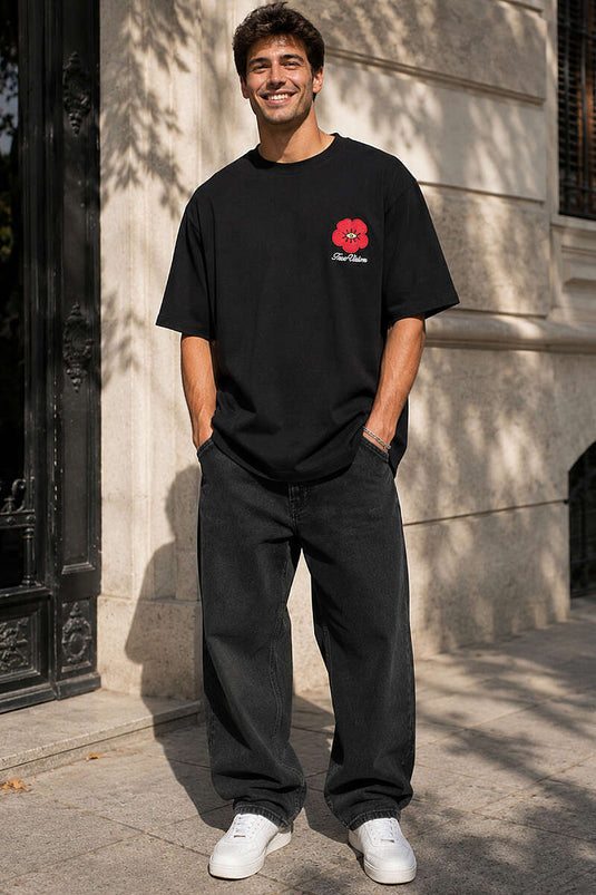 Yaka Çiçek Nakışlı Erkek Oversize T-shirt Siyah