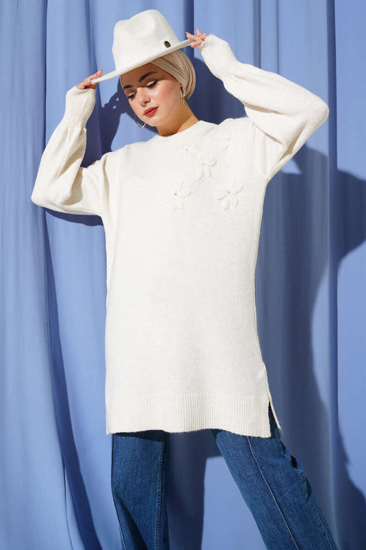 Soft Knit Tunic with Floral Collar and Ecru